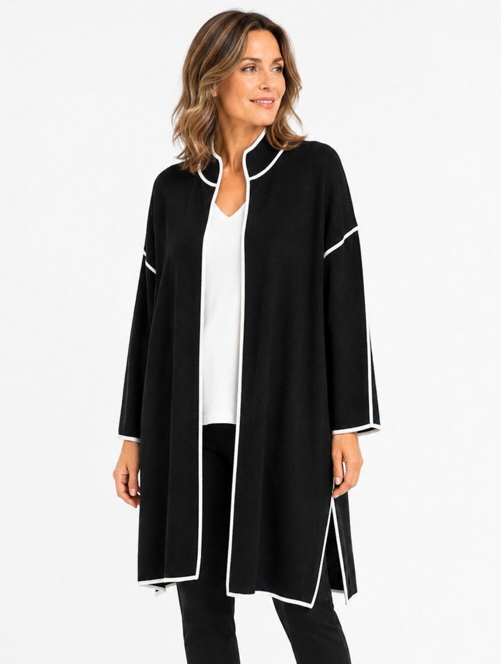 Marla Wynne Black Contrast Trim Open Front Sweater Coat Cardigan Medium